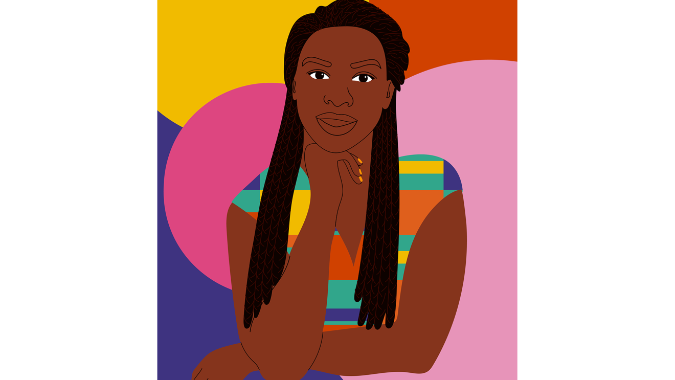 Art by Aurelia Durand depicting a woman who works in technology. Colors are bright and saturated in the woman's image, and background