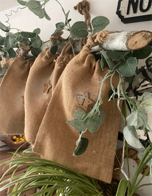 Spray painted white branch stylist’s own. Jute Hessian Drawstring Pouch, Small