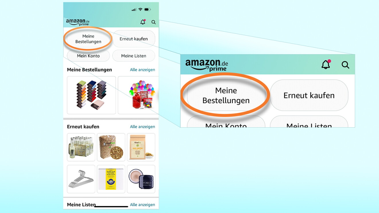 Screenshots der Amazon App mit "Meine Bestellungen"