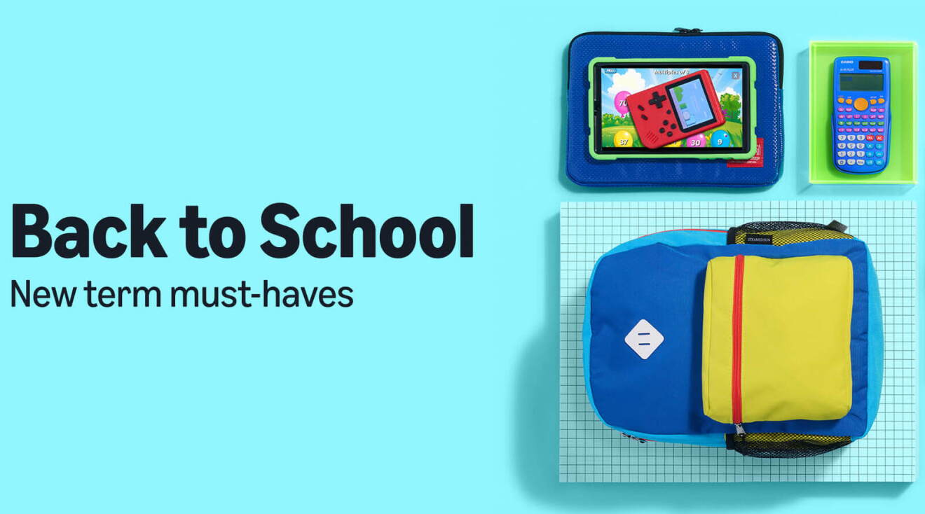 Back to School, new term must-haves graphic with a colourful backpack, calculator, handheld games console, tablet, and pencil case.
