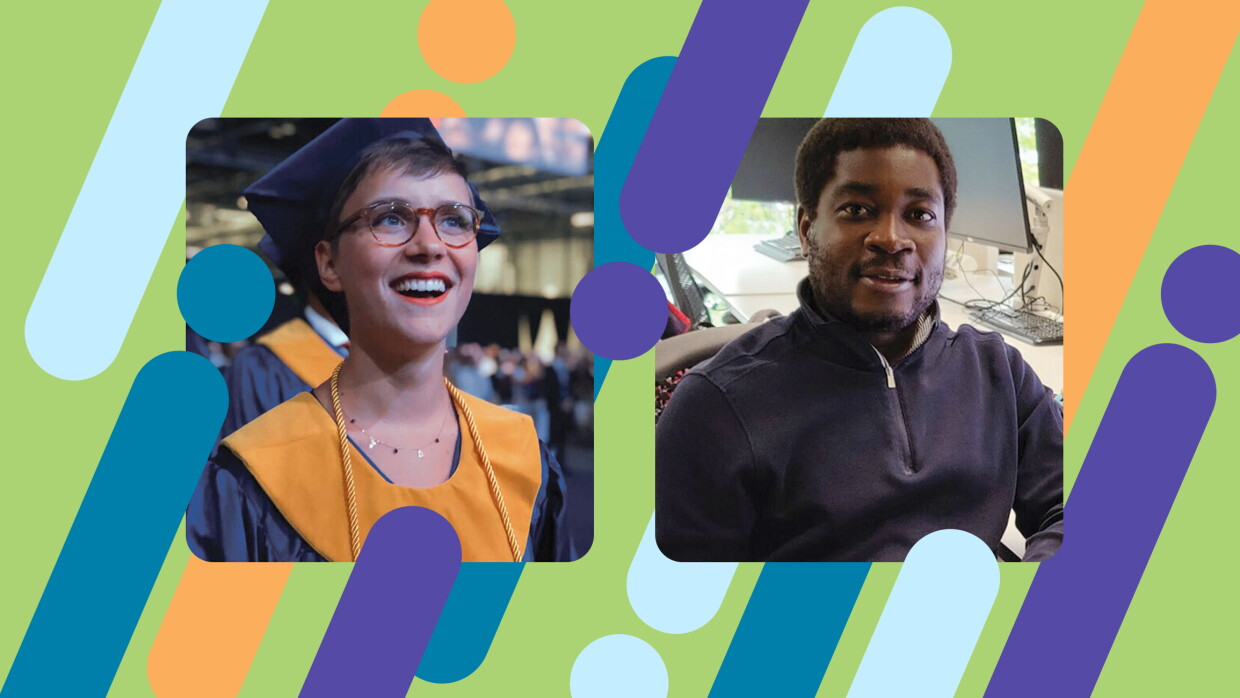 Es un fotomontaje con dos fotos de dos personas, un hombre y una mujer. Ellos dos están en una foto de primer plano por el pecho y entro de un marco de color verde con dibujos geométricos de diferentes colores. La mujer que está a la izquiera lleva un birrete y el vestido de grduada con una banda nde color naranja. KKeva gafas, tiene los ojos azules y va con un collar. El hombre es afrodescendiente y detrás tiene un ordenador. 
