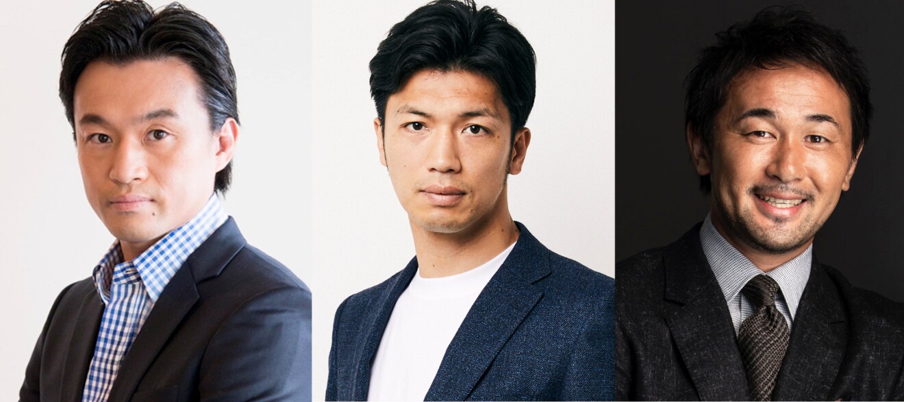 3人の男性。チェックのシャツの上にジャケットを着ている男性)(西岡利晃さん)。白いシャツに紺のジャケットを着ている男性(村田諒太さん)、ネクタイを締め、グレーのジャケットを着ている男性(山中慎介さん)