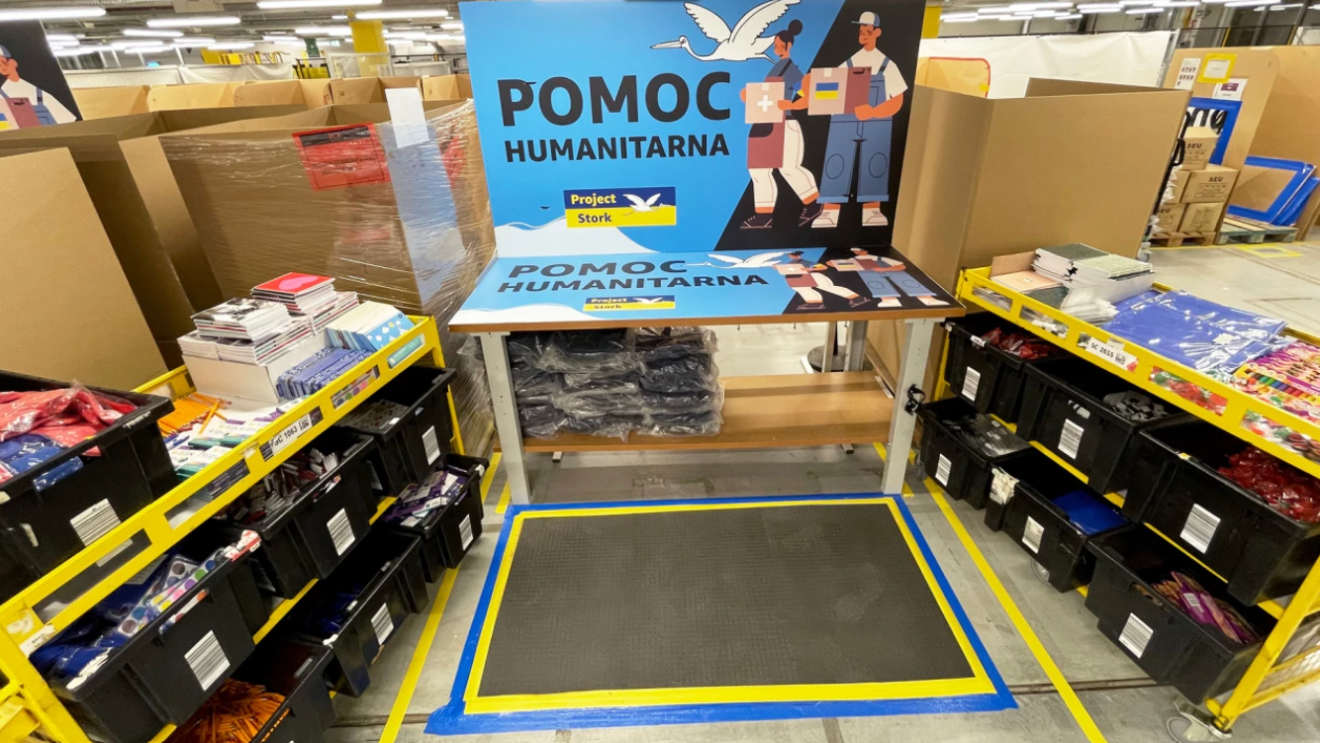 the image shows kits for schools prepared in an Amazon centers