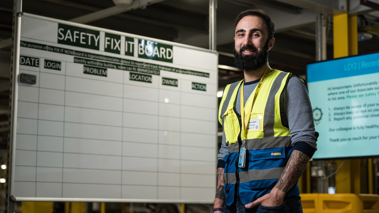Diego Sabella showing safety features at the Amazon Distribution Centre in Tilbury, UK. 