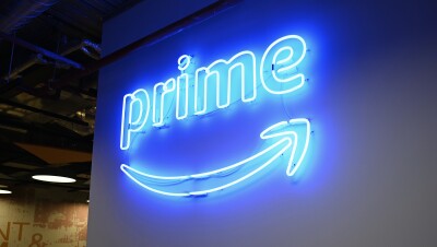 A Prime Video logo attached to the wall inside the Amazon London office, LHR16