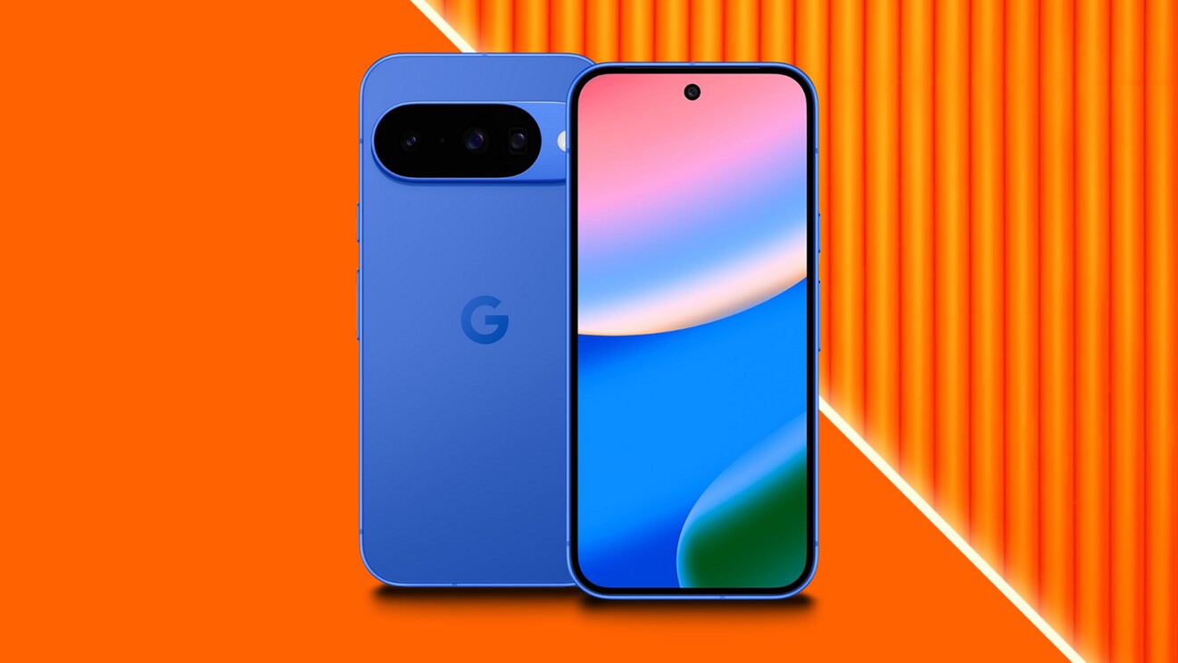 Blue Google Pixel smartphone against vibrant orange background