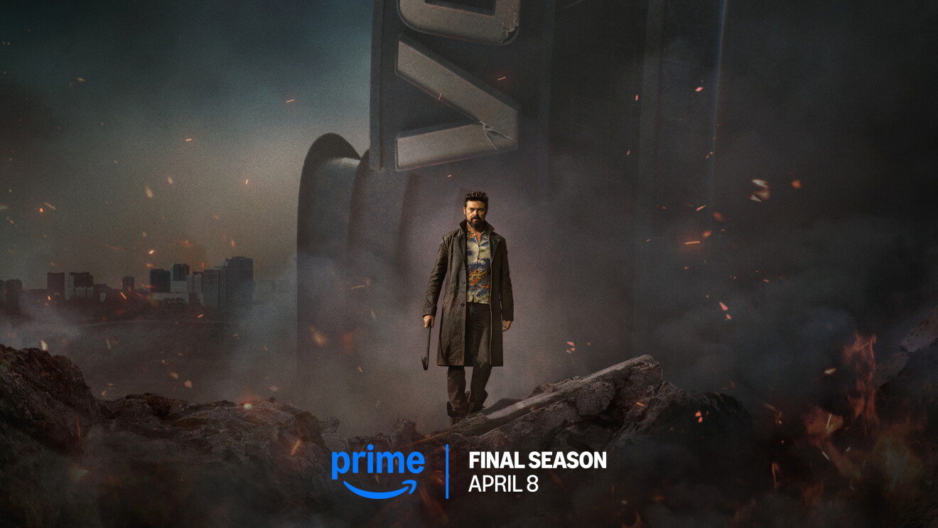 Man in long coat stands amidst apocalyptic cityscape, Prime final season poster, The Boys.