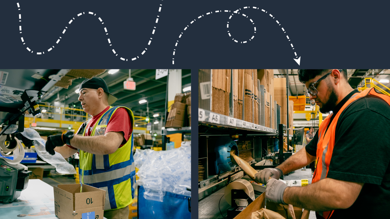 Employees working on packaging orders in a fulfillment center