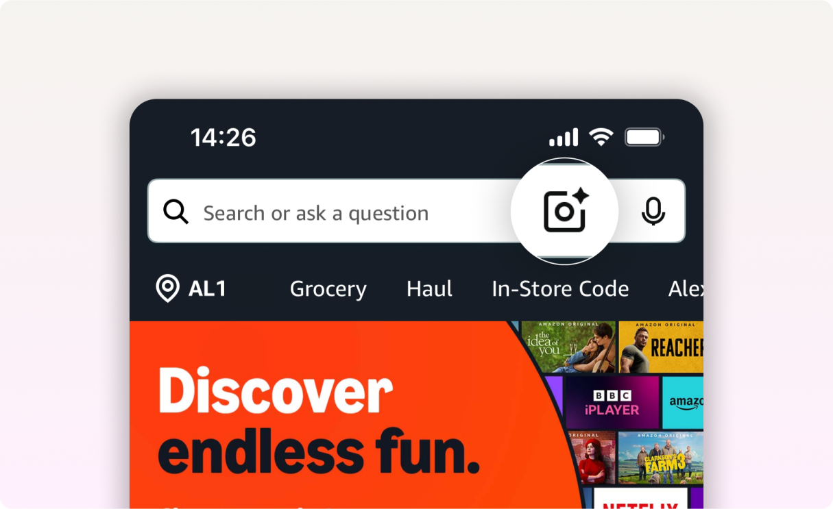 Amazon app interface highlighting the Amazon Lens icon