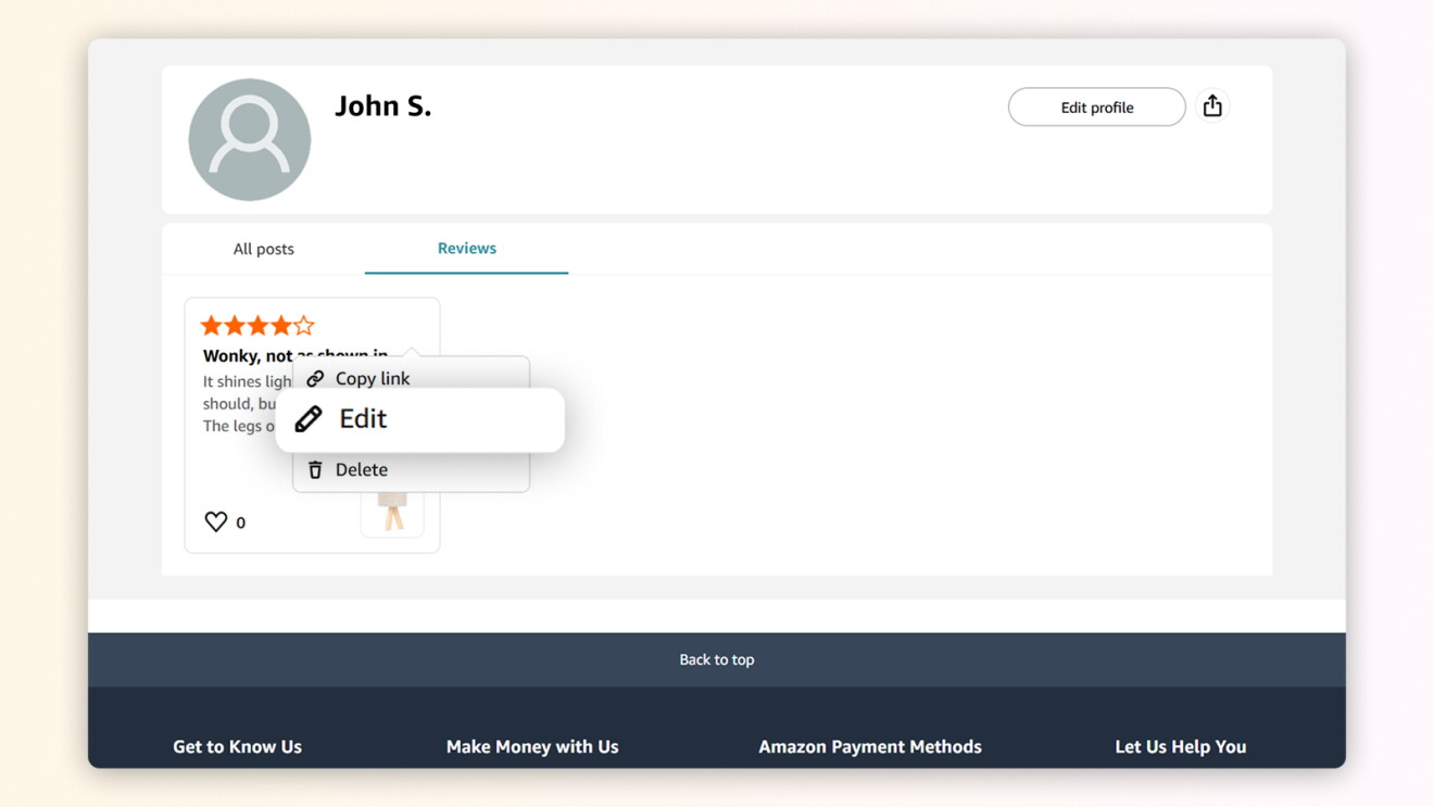 Online review interface showing user options and rating