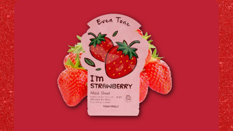 'I'm Strawberry' Even Tone mask sheet by TonyMoly on red background