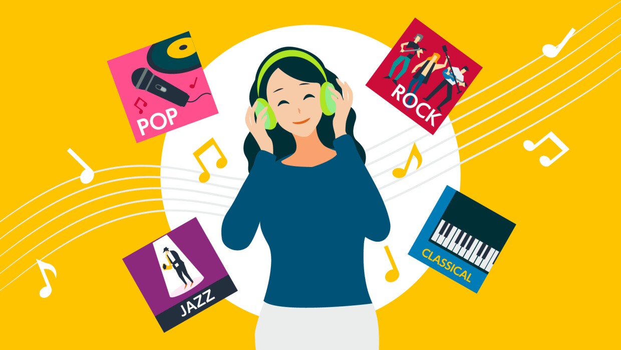 ヘッドフォンで音楽を聴いている女性のイラスト