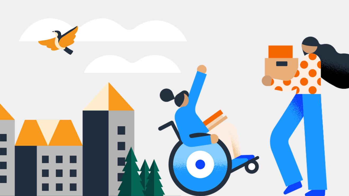 An illustrated image of A person standing with a box in their hands and another person in a wheelchair raising their hand. The background shows buildings, trees, and a bird. 