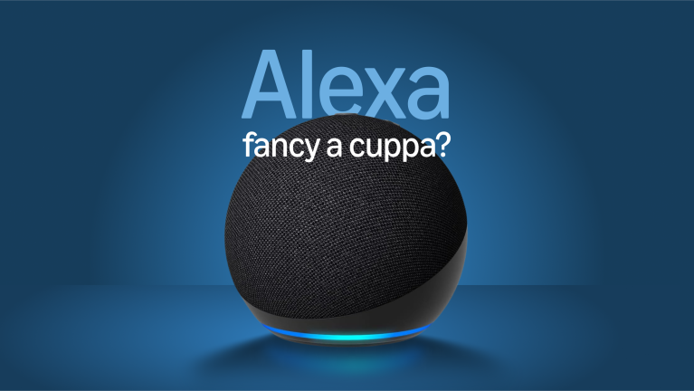 Amazon Alexa device with text 'fancy a cuppa?' on blue background