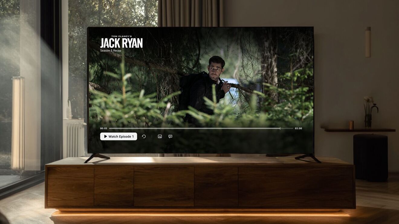 Prime Video Jack Ryan series on TV screen, set in forest scene