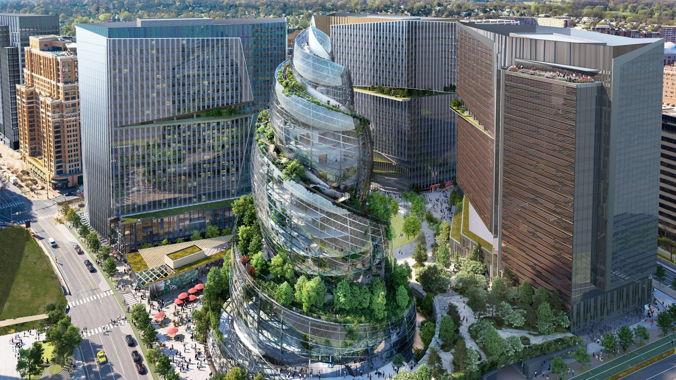 Amazon - The next chapter for HQ2: sustainable buildings surrounded by nature 23 An aerial view rendering of The Helix on Amazon's PenPlace campus in Arlington, Virginia.