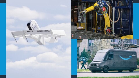 L'immagine mostra le novità tecnologiche Amazon: un drone di nuova generazione, un van elettrico e un braccio robotico intelligente.