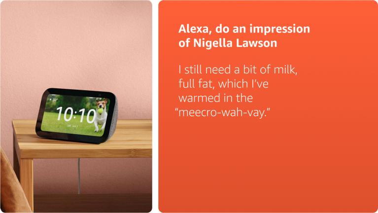 Alexa device displaying dog photo next to humorous Nigella Lawson impression