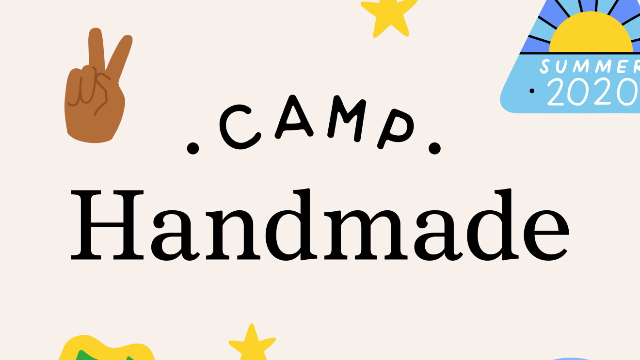illustrated camp handmade logo, surrounded by illustrations that look like badges. 