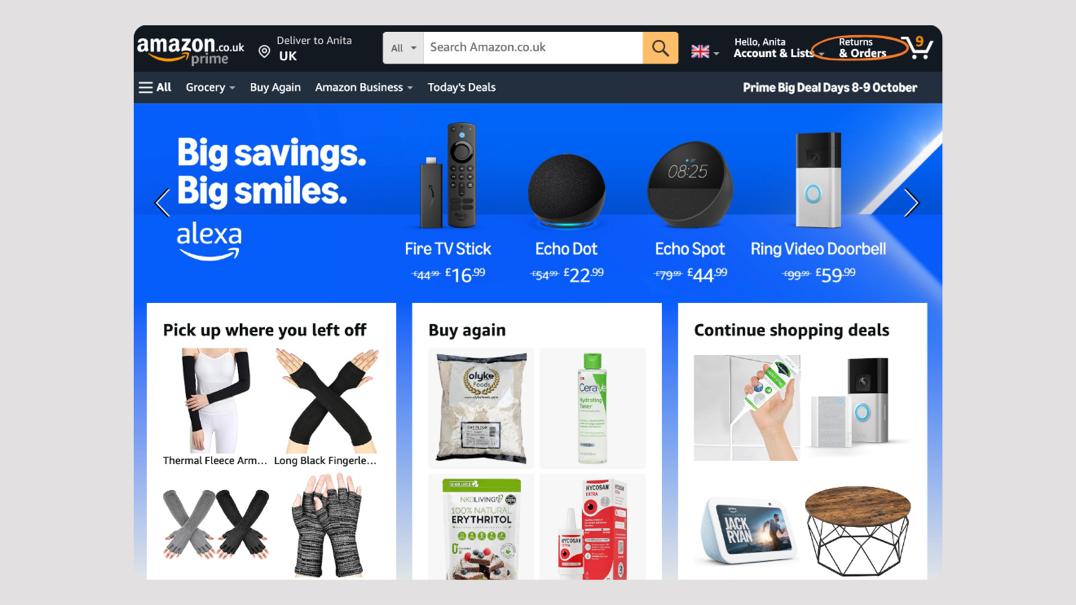 Screen showing the Amazon retail site