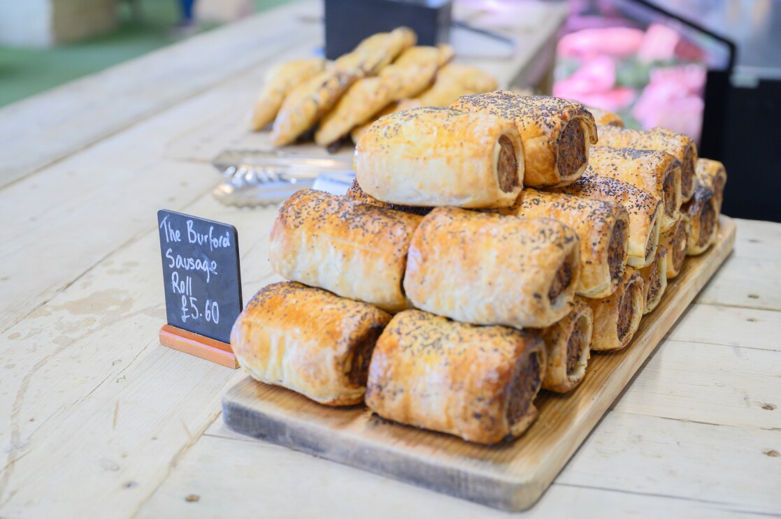 Sausage rolls on sale at The Farmer's Dog in Burford, Jeremy Clarkson's proper British pub from Clarkson's Farm season 4