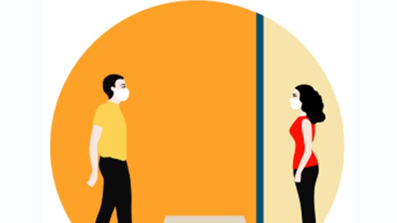 Illustration on orange background illustrating COVID-19 safety measures that individuals can take, including handwashing or social distancing.