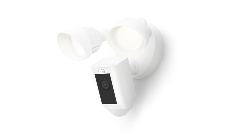 Floodlight Cam Wired Plus facing down with lights on