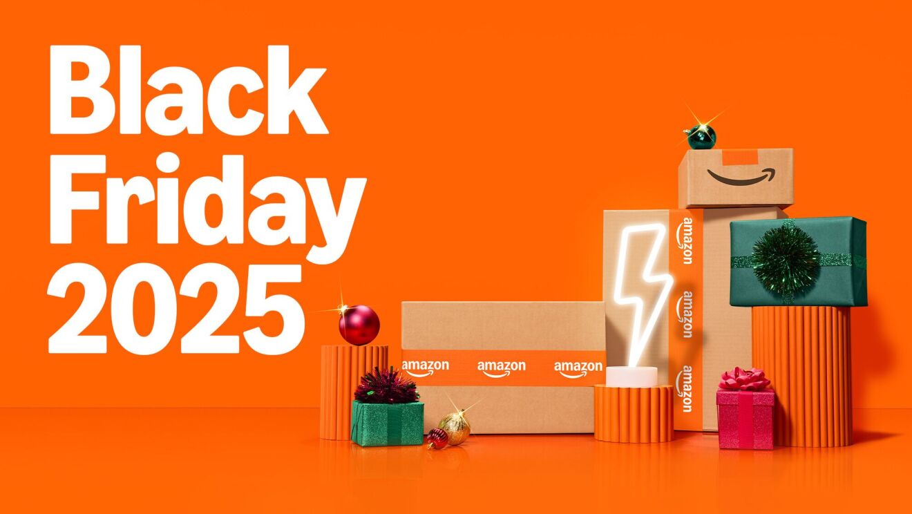 Amazon Black Friday 2025 promo with gift boxes and lightning bolt