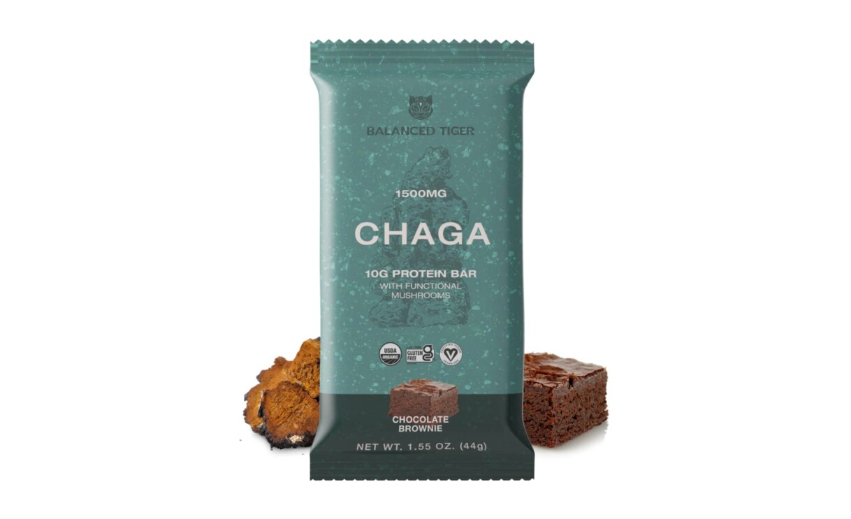 A product image of a mushroom-powered protein bar from Balanced Tiger.