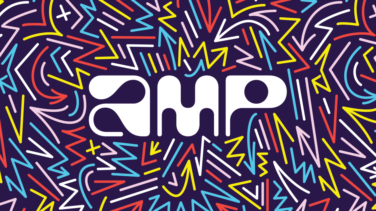 An illustrated image that says "amp" in the middle. It is part of the promotional material for Amazon's new app, Amp. 