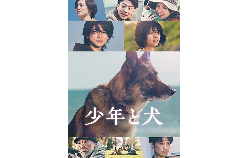 海を背景にした大型犬の横顔。手前に「少年と犬」の文字。犬の上下は細かく分割されて人物の顔アップが配置されている。