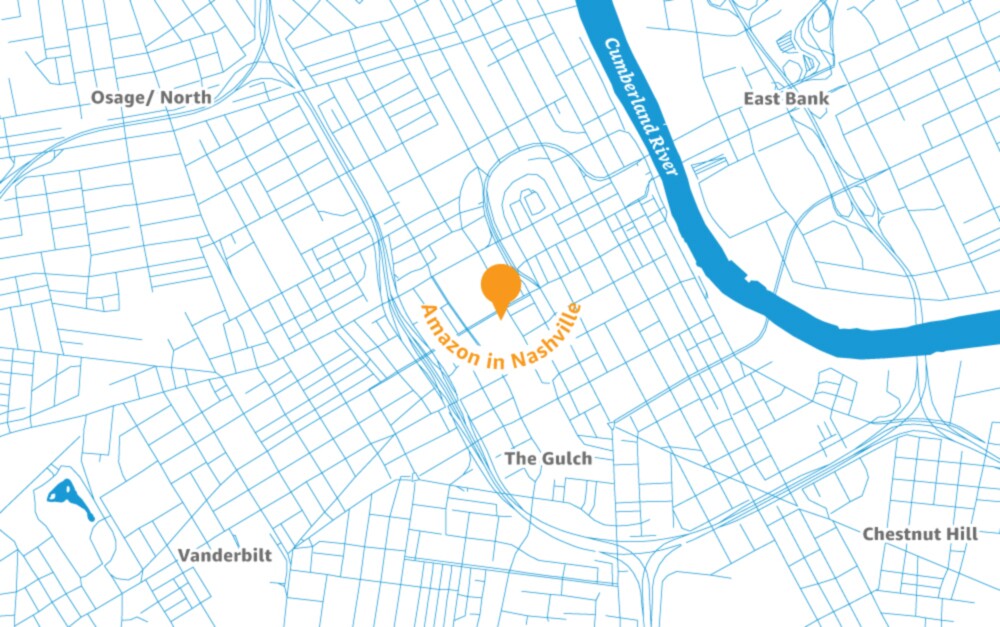 Map of the Nashville area with a pin placed to illustrate the location of a new Amazon Operations Center of Excellence. 