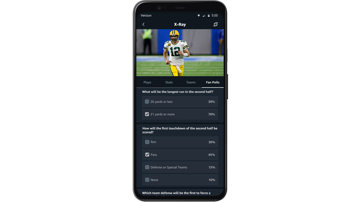 A screenshot of the new polling feature for NFL games on Prime Video.