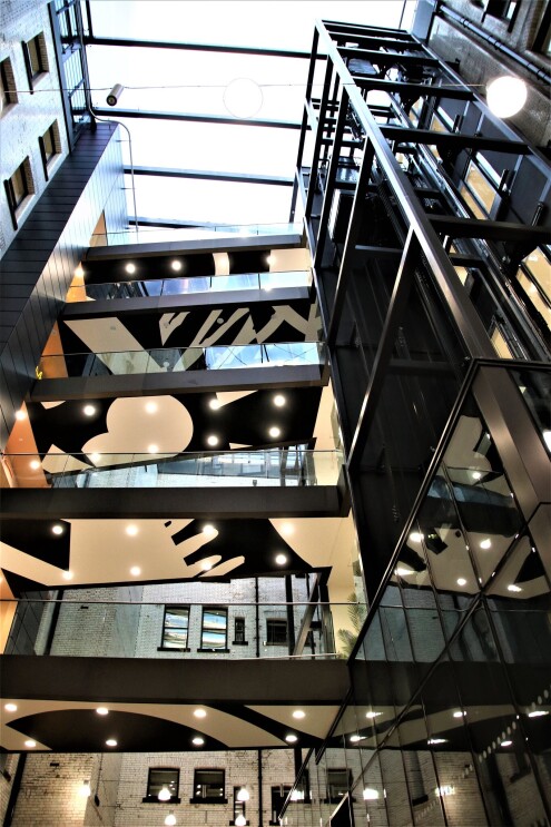 View from below of the multiple floors in the  Amazon Manchester offices. 