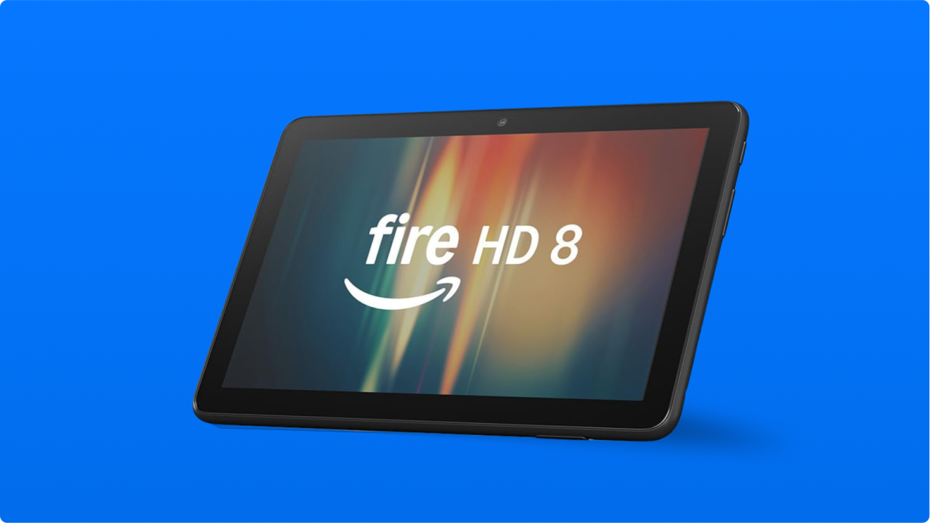 Amazon Fire HD 8 tablet displaying startup screen on blue background