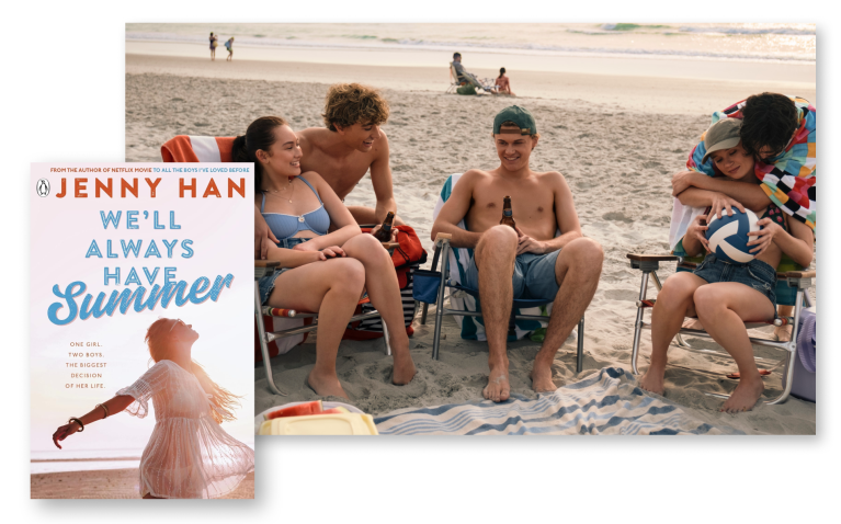 Five individuals relaxing on a beach on fold out chairs, with the book cover of 'We'll Always Have Summer' overlaid