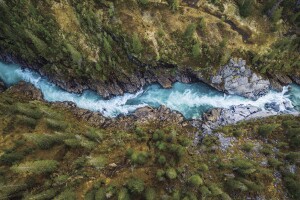 Aerial view over a mountain river