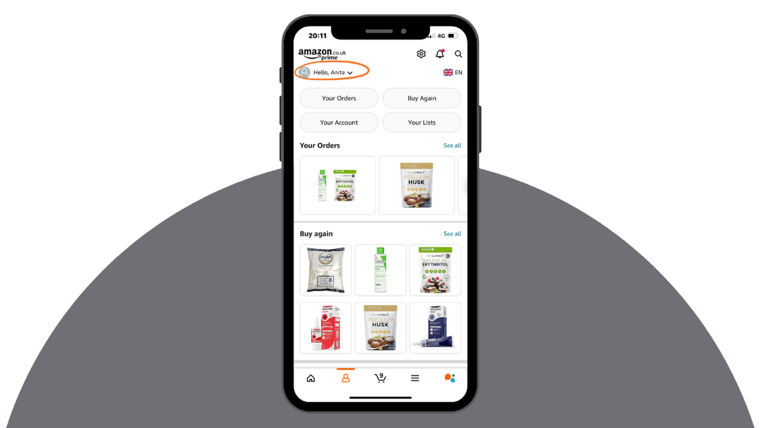 Mobile screen showing profile page on the Amazon retail site
