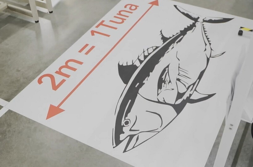 FCの床に貼られたマグロのイラスト。ソーシャルディスタンスを保つための2mをマグロで表現している