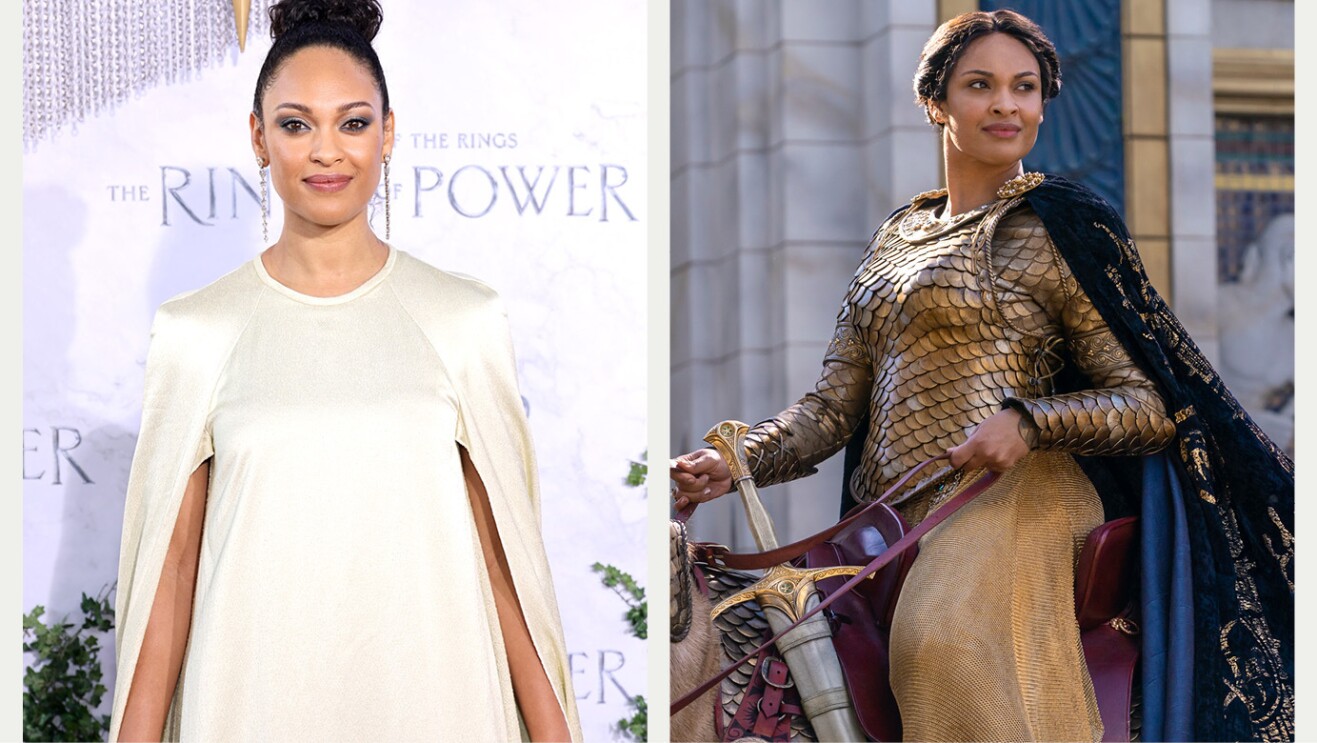 A split image showing the actor listed above on the red carpet for the Lord of the Rings: The Rings of Power premiere vs in full makeup and costume as their character in the show.