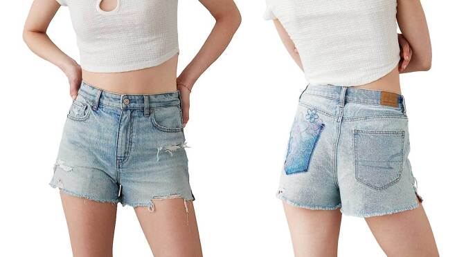 图像的前后妈妈牛仔短裤。