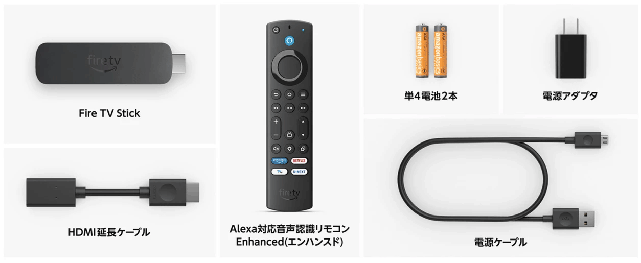 Fire TV Stick の本体、リモコン、HDMIケーブル、電源ケーブル、電源アダプタ