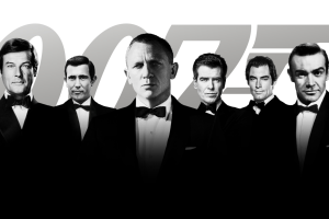 Six actors who played James Bond in tuxedos, black and white portrait