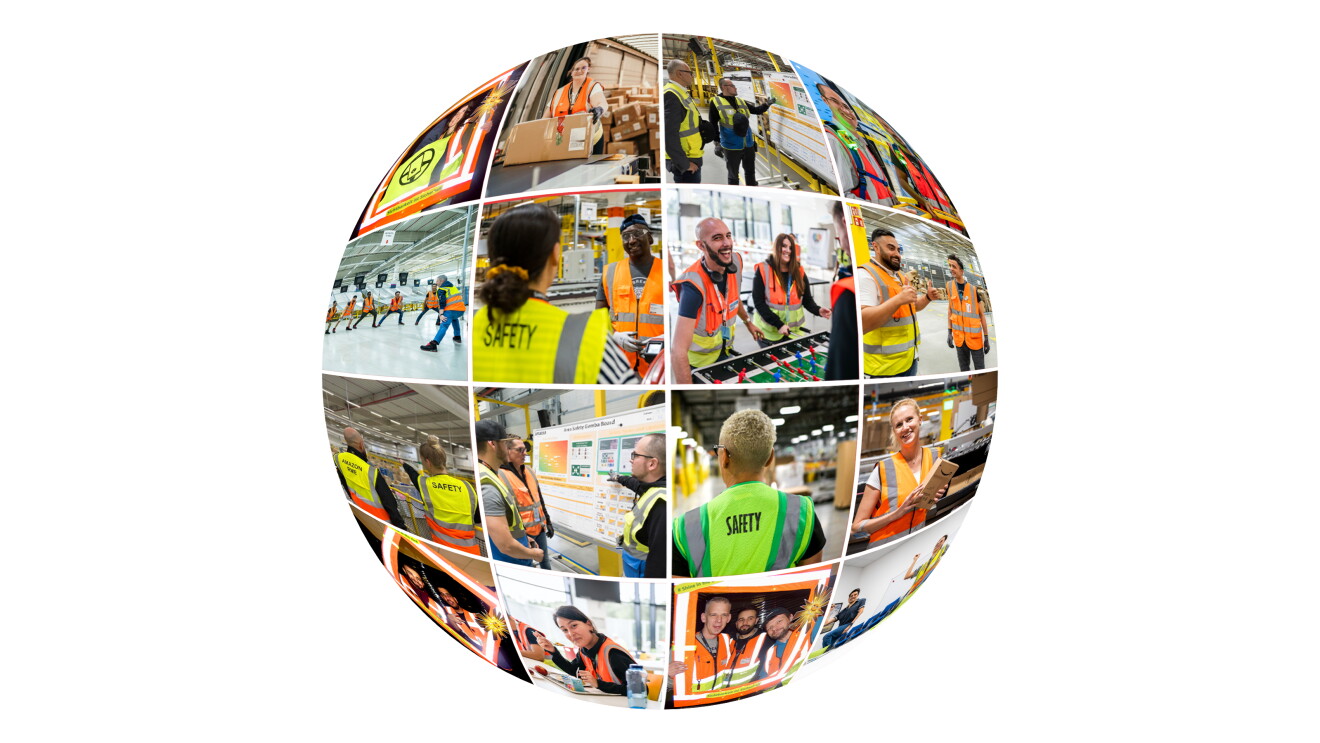 Collage in Form eines Globus mit Amazon Safety Mitarbeiter:innen und anderen Logistikmitarbeiter:innen.