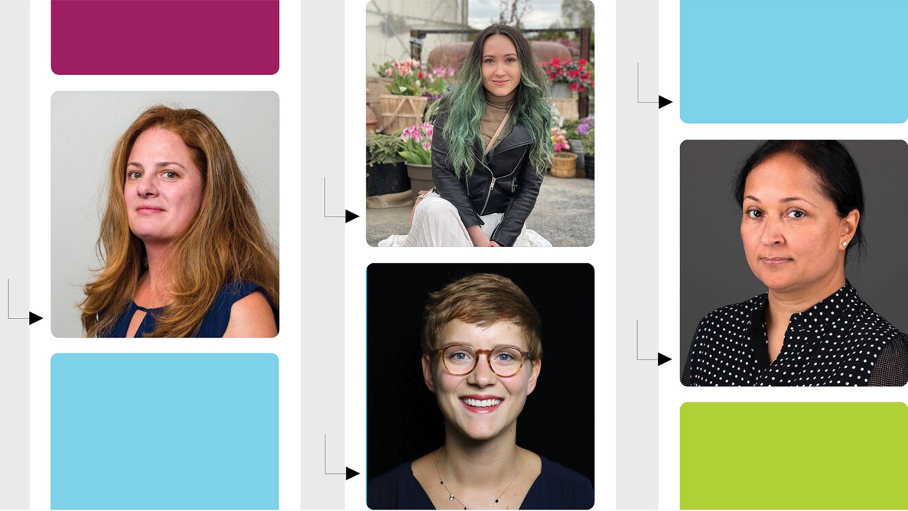 A collage image showing headshot photos of the four women who are AWS employees featured in this article.