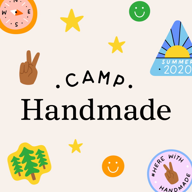 A logo for "Camp Handmade" which shows illustrations of camp badges featuring icons of trees, a tent, compass, etc. 