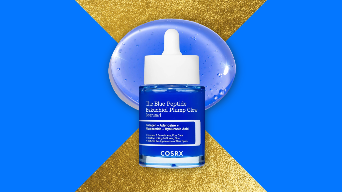 COSRX Blue Peptide Bakuchiol Plump Glow serum bottle with gel droplet background for Amazon Prime Big Deal Days