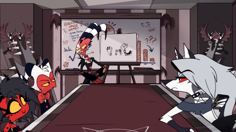 Cartoon demons in business meeting, one presenting at whiteboard