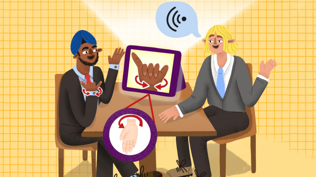 An illustration of two people learning BSL with a screen inbetween them. 