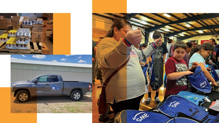 A collage of images showing donations from AWS to an Oregon nonprofit. There is a stack of food donations in the top left corner, a truck with a sticker that says "Agape House" on the side, and a group of people picking up backpacks from a table.